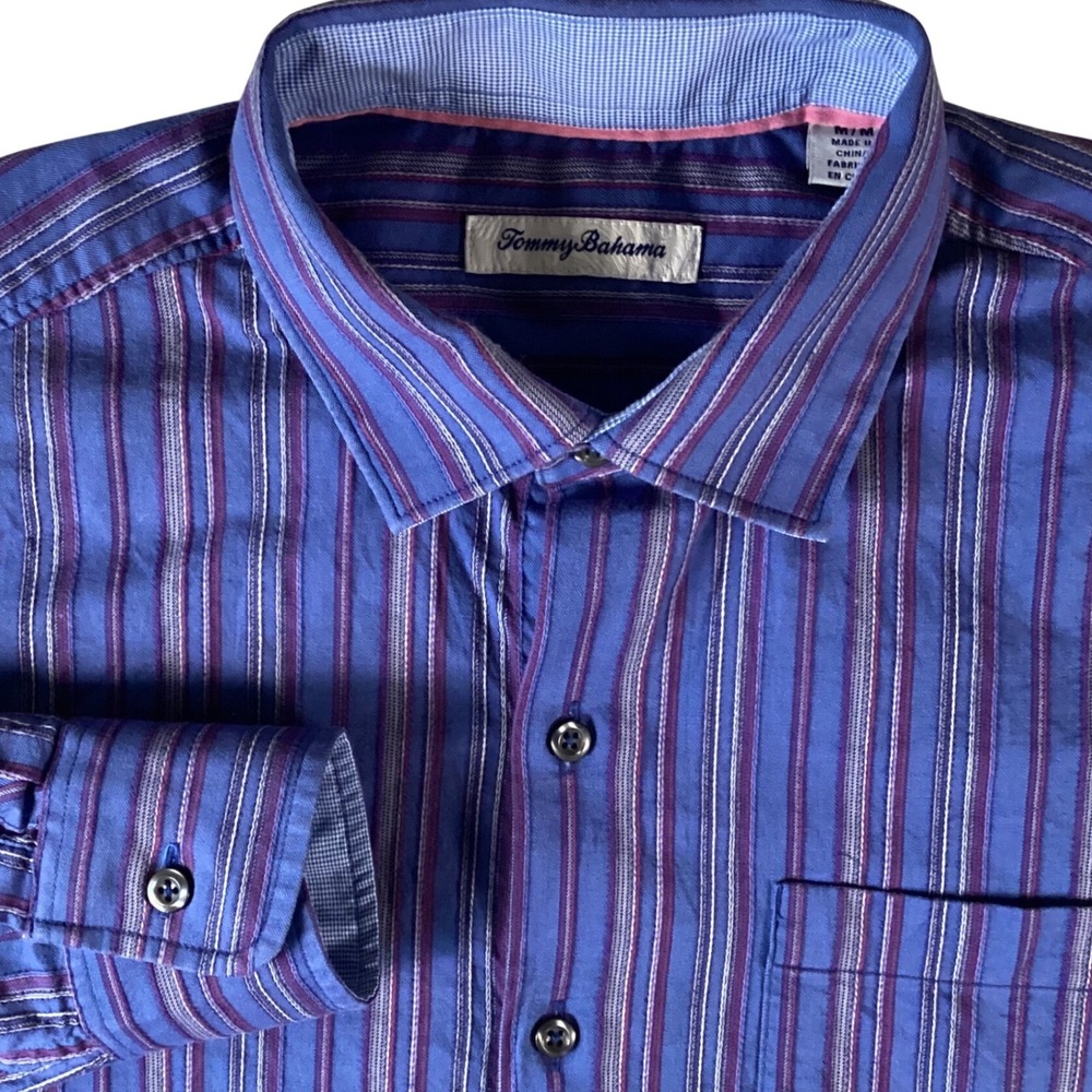 Tommy‎ Bahama Mens Blue Purple Striped Long Sleeve Button Down Shirt Size Medium